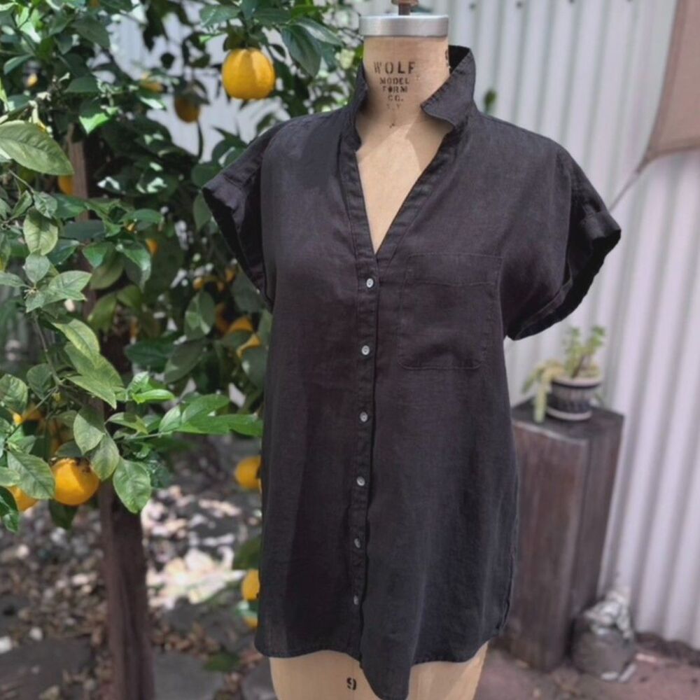 Tahari Grey Black 100% Linen Button Down Cap Short Sleeve Blouse Top Size S